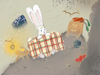 When it storms, rabbits stay in their homes blanket burrows cozy digital illustration illustration procreate rabbits rain shelter warm