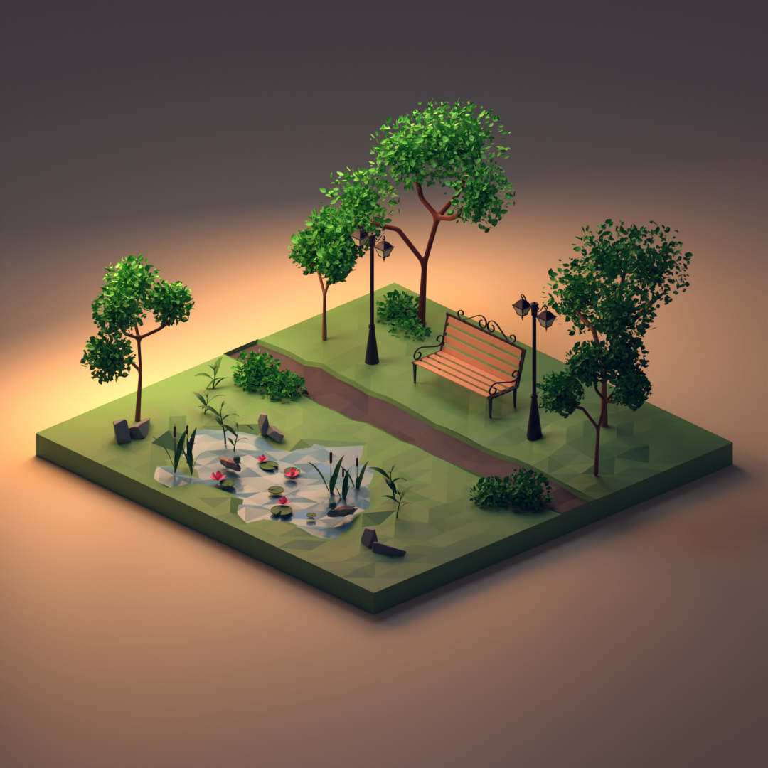Park 3d art low poly park pond trees