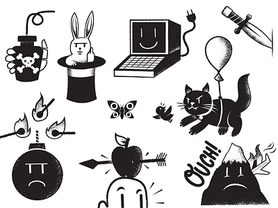 Flash sheet 3 balloon bomb bunny cat computer conceptual illustration editorial editorial illustration editorial illustrator illustration james olste james olstein illustration jamesolstein.com knife magic mountain poison texture vector