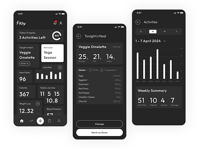 Fitness/Meal Planner App - Dark Mode application dark mode design fitness minimalist mobile product design ui ux