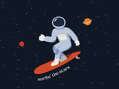 Surfin' the stars astronaut character design illustration outer space planet space stars surfer surfing universe vector