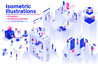 Modern isometric illustrations analysis business characters concept creative data idea isometric isometric people isometric technology man marketing modern isometric illustrations people statistic team teamwork woman young