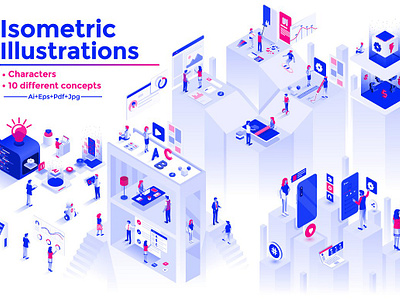 Modern isometric illustrations analysis business characters concept creative data idea isometric isometric people isometric technology man marketing modern isometric illustrations people statistic team teamwork woman young