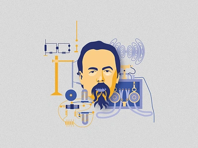 Alexander Popov and his inventions adobe beard branding colours design discovery draft education engineer illustration illustrator invention man popov portrait radio scheme style technology vector