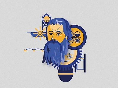 Ivan Kulibin and his inventions adobe illustrator ai beard blue bridge character concept digital education geometric graphic design history illustration kulibin man orange portrait scientist vector watches