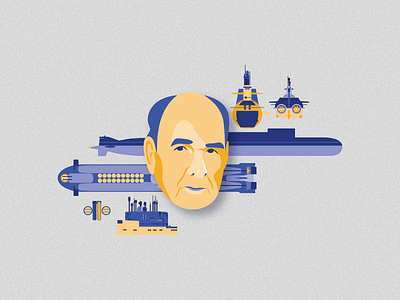 Sergei Kovalev and his inventions adobe ai blue design digital education engineering graphic design illustration kovalev man orange portrait print profile ship submarine vector vector art vector illustration