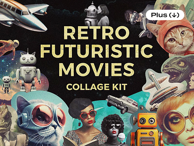 Retrofuturistic Movies Collage Kit 60s 70s aesthetics aliens architecture cats clipart clippings collage design download futuristic monsters movie pixelbuddha png retro robots sticker vintage