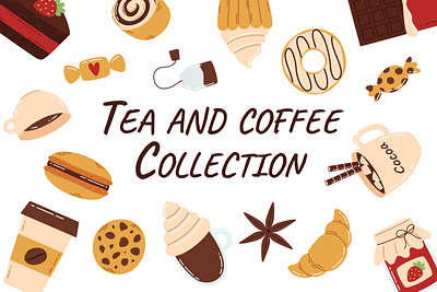 Tea and Coffee Collection cartoon clip art coffee collection drink flat food illustration pattern planner plaster set sticker sweet tag tea vector