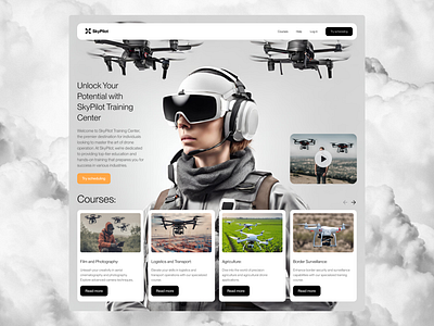 Training center for drone pilots Concept Hero Section air air drones concept course design drones grey logo school ui ux