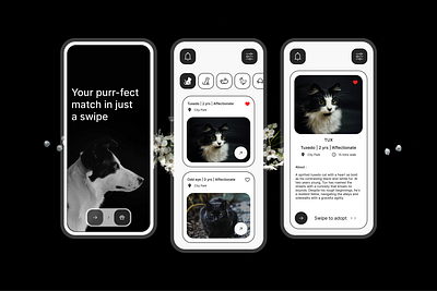 Animal Adoption Application adopt cats animal adoption branding cats find animals find pets help animals mobile ui design modern monochrome pet adoption app pets adoption pets app pets mobile app pets nearby ux design