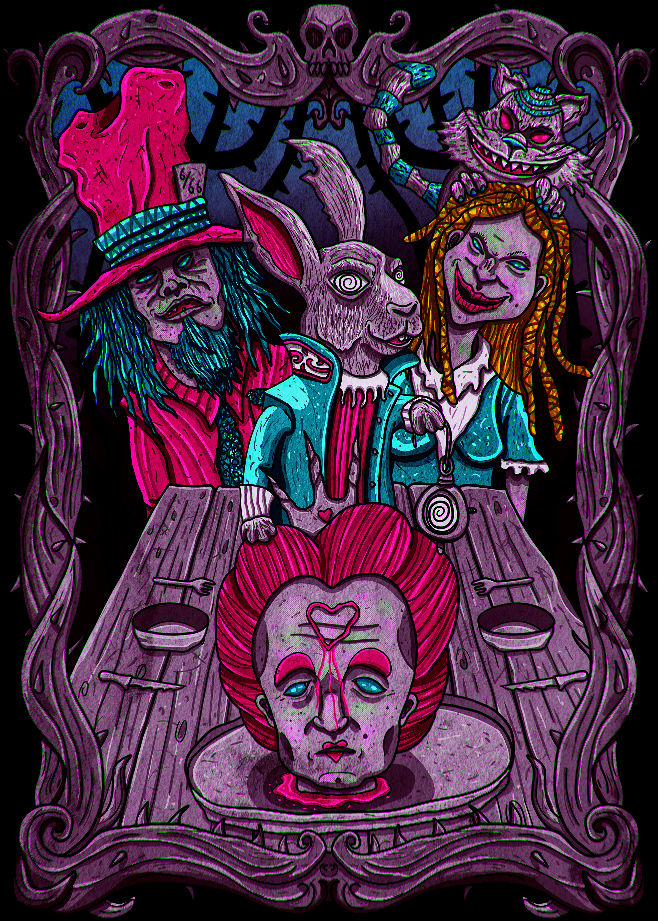 Alice in Darkland alice alice in wonderland branding cheshire cat dark darkart digital art drawing graphic design horror illustration illustrator lewis carroll mad hatter photoshop poster design queen of hearts t shirt design tales white rabbit