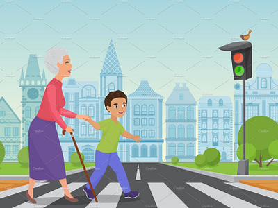 Boy helps old woman by Lemberg Vector on Dribbble