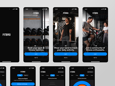 FitBro - Workout Mobile Aplication (Onboarding) application clean dark design dumbel fitness gym login onboarding sport ui welcome