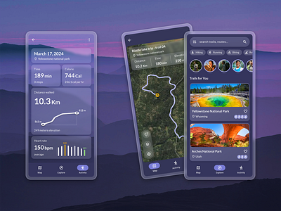 HikeUp, a hiking app concept concept design glass morphism hike hiking map product design ui ux