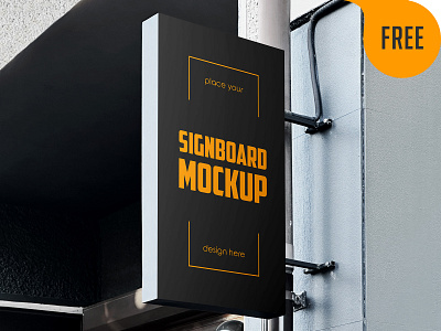 Free Wall Mounted Vertical Signboard Mockup advertising banner board cafe free freebie logo mockup outdoor restaurant shop sign signage signboard street wall