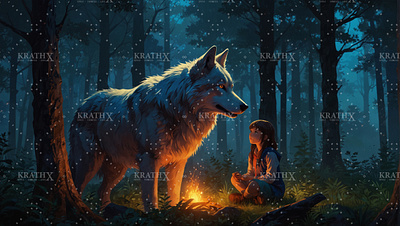 Anime Little Girl With Dire Wolf 1 ancient animation anime artwork campfire character design design digital art dire wolf fan art fantasy fantasy art graphic design illustration nature wolf