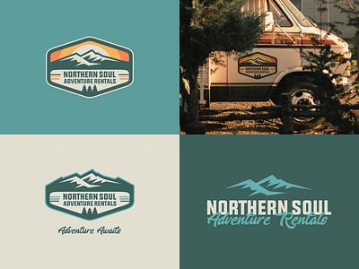 Northern Soul Adventure Rentals adventure badge brand camping logo motorhome mountain mountains trailer vector vintage