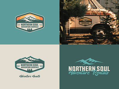 Northern Soul Adventure Rentals adventure badge brand camping logo motorhome mountain mountains trailer vector vintage