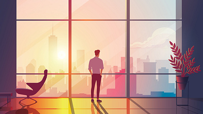 Strategic Decision Making Business Leader Concept Illustration business leader business world ceo cityscape contemplative corporate life flat illustration founder golden hour highrise minimalist office personal solitude space strategic thinking sunset visionary