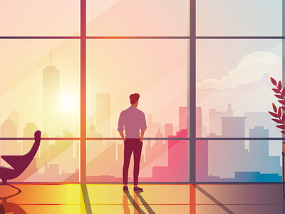 Strategic Decision Making Business Leader Concept Illustration business leader business world ceo cityscape contemplative corporate life flat illustration founder golden hour highrise minimalist office personal solitude space strategic thinking sunset visionary