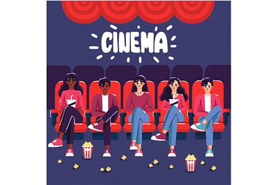 Characters Watching Movie at Cinema Illustration camera cannes character cinema cinematography documentary event festival film genre illustration movie picture popcorn screen theater ticket vector