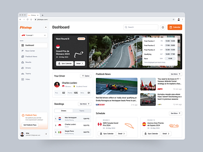 Pitstop - Formula 1 News Dashboard car circuit clean dashboard dashboard app f1 formula 1 modern news news app product design racing schedule sports standings table ui uiux ux web app