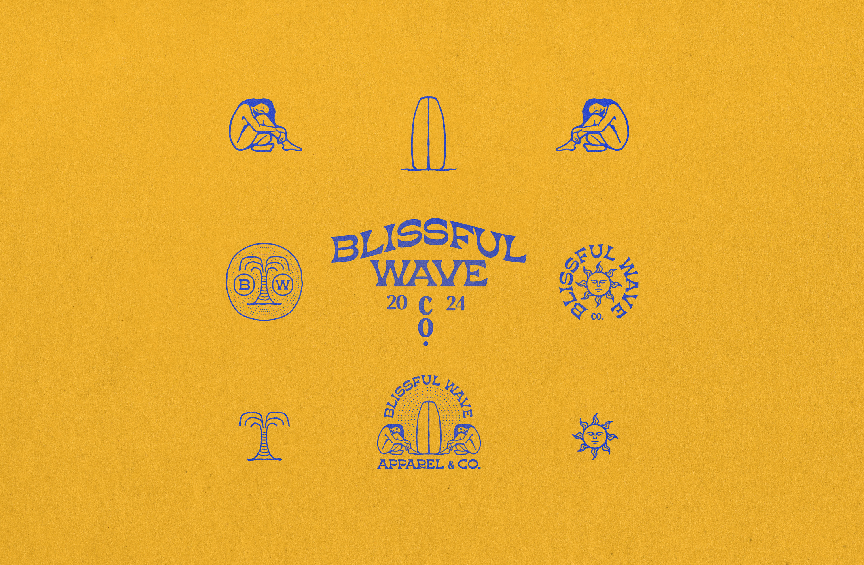 Blissful Wave Co. Branding apparel beach brand identity branding design graphic design handcrafted handmade illustration lettering logo palm tree retro sun surf textured typography vector vintage woman