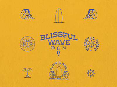 Blissful Wave Co. Branding apparel beach brand identity branding design graphic design handcrafted handmade illustration lettering logo palm tree retro sun surf textured typography vector vintage woman