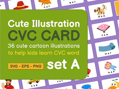 Cute Illustration CVC CARD set A card cartoon children illustration clipart consonant design education element illustration kids illustration learning preschool vector vowel word