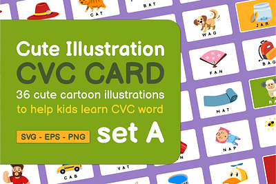 Cute Illustration CVC CARD set A card cartoon children illustration clipart consonant design education element illustration kids illustration learning preschool vector vowel word