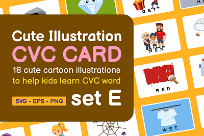 Cute Illustration CVC CARD set E vowel
