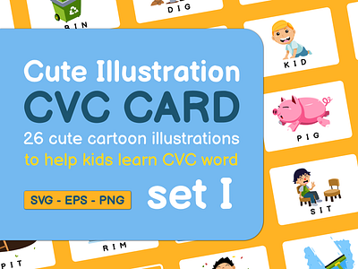 Cute Illustration CVC CARD set I vowel