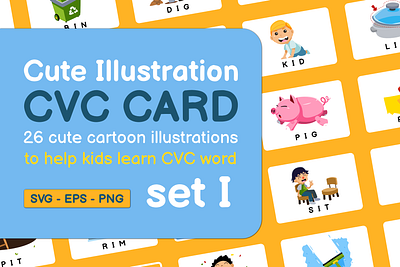 Cute Illustration CVC CARD set I vowel