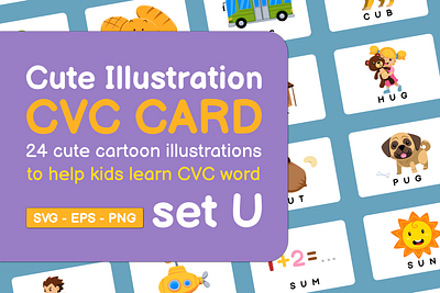 Cute Illustration CVC CARD set U vowel