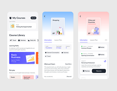 App UI updates - Library & Detail Views app app design badges branding buttons categories complete courses covers design gradients language learning pills progress review see all tabs ui ux