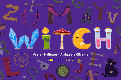 Witch Alphabet Cliparts fantasy halloween initial magic spooky witch