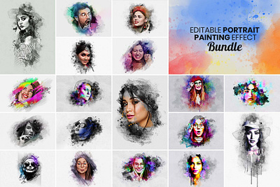 Editable Portrait Painting Effect Bundle action branding design effect illustration ink art modern photo effect photoshop photoshop action psd ui