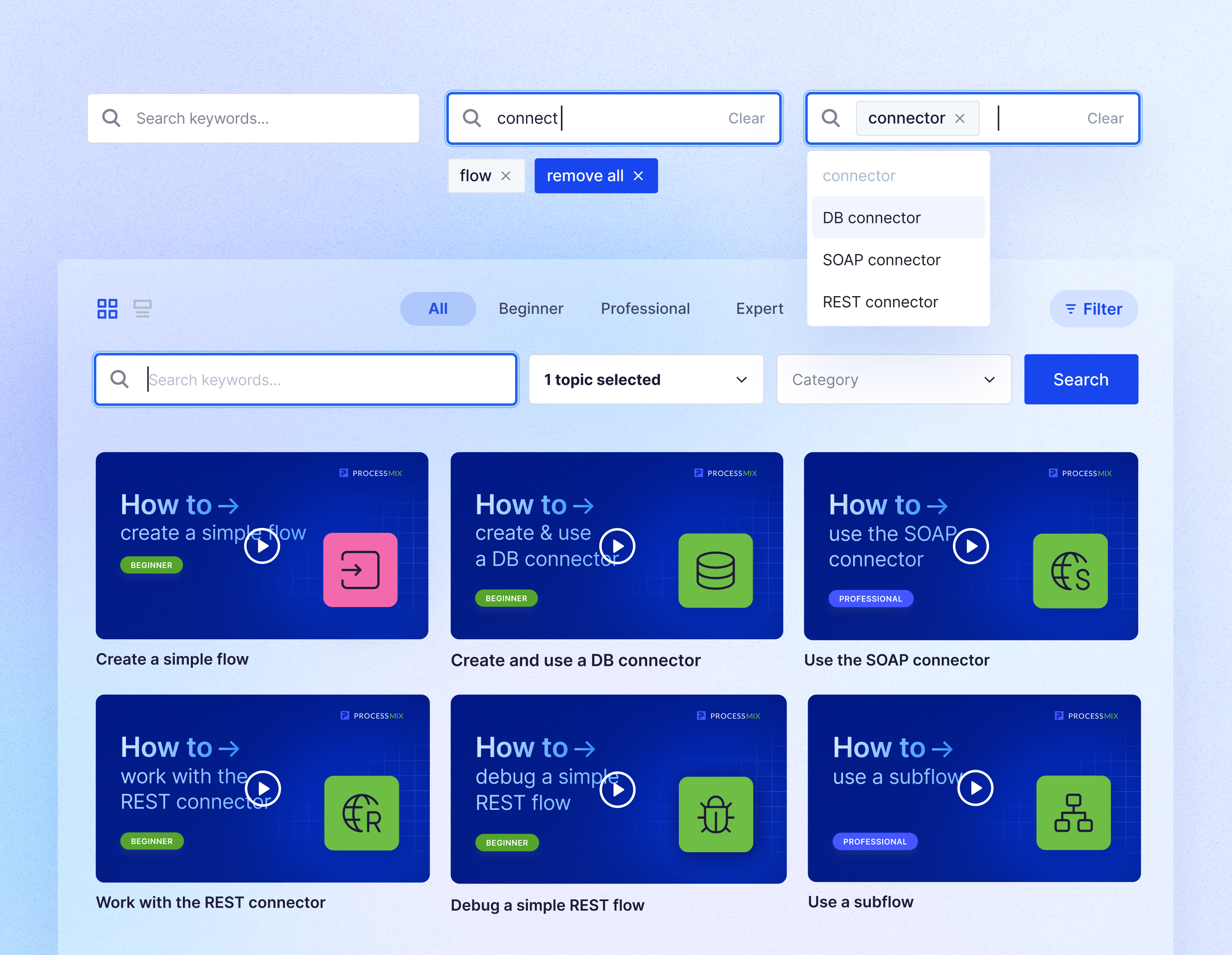 How-to video resources sorting tag searching filtering UI/UX add tag blue interface filter dropdown filter panel filters how to low code platform media library product website resources page search input search match searchbar searching ux sorting tag search tutorials platform video cover video library video tutorial