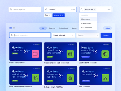 Video library searching filtering UX add tag blue interface branding filter dropdown filter panel filters how to low code platform media library product website resources page search input search match searchbar searching ux tag search tutorials platform video cover video library video tutorial