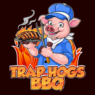 TRAP HOGS BBQ MASCOT LOGO caricature cartoon avatar cartoon character cartoon logo illustration logo mascot logo