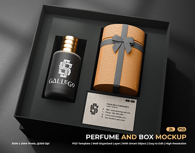 Perfume And Box Mockup black bottle box branding design elegant exclusive graphic design illustration logo mockup packaging perfume premium square ui