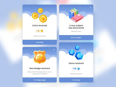 Gamification modals achievments badge books coin crystal design gamification gem modal modal ui pop up recieve coins school service modals subject ui