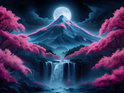 Mystical night scenery with a glowing full moon fantasy world