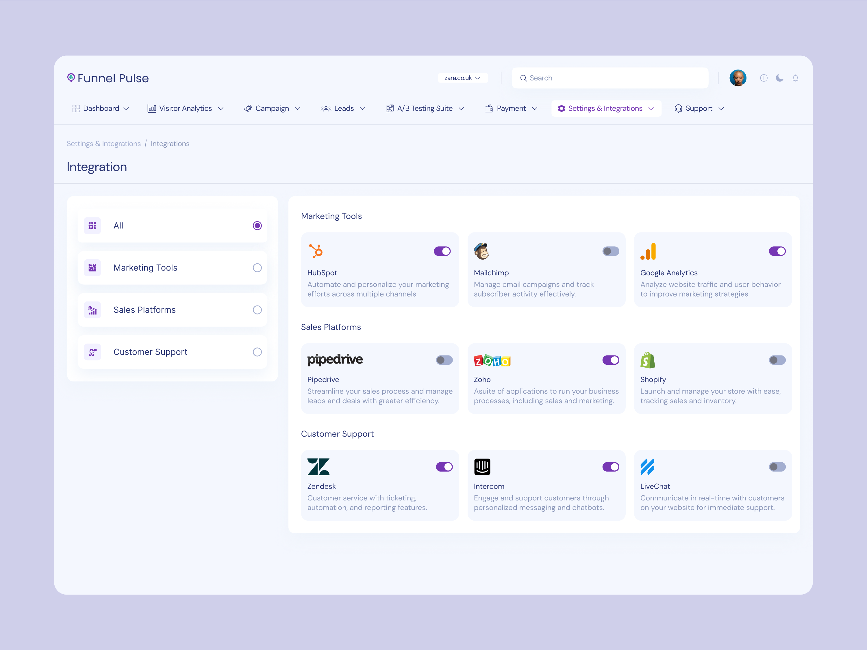 Funnel Pulse Settings and Integration UI by Creatibuzz UI/UX for ...