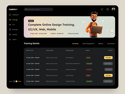 Elevate Your Skills: Online Training Schedule Dashboard 3d clean course app creative dark theme dashboard data design e learning edtech education exploration learn online class study table training ui ux web app