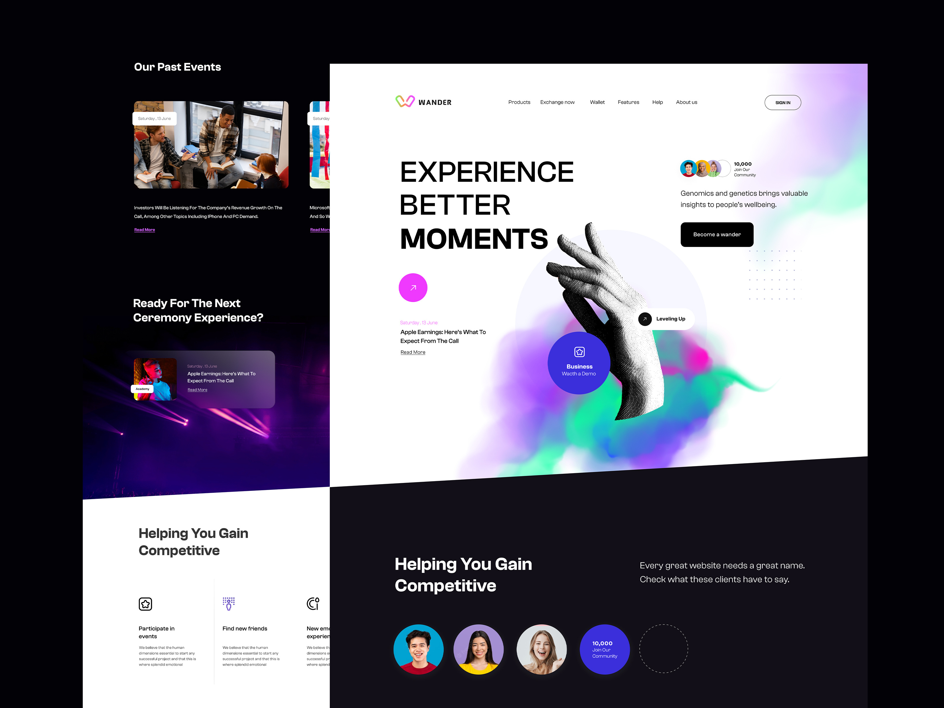 Event Finder | Dark Landing Page art artist booking celebration colors comminity concert conference creative dark events explore festival hand landing page social studio uiux web design webinar