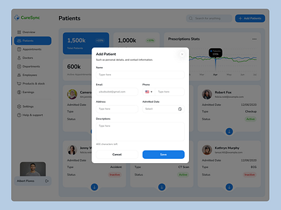 CureSync-Add Patient Dashboard add patient crm dashboard design landing page madical medical admin medicine patient responsive saas ui uiux website