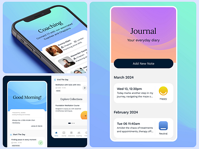Natia Cares – the world’s kindest cancer support app animation background coaches coaching collection dashboard gradient healtch tech healthcare app homepage journal mental health mobile app moods motion player product design psychology ui ux