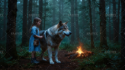 Little Girl With Dire Wolf 2 ancient animation anime artwork campfire character design companion design digital art dire wolf fan art fantasy fantasy art friendship graphic design illustration loyalty nature wolf