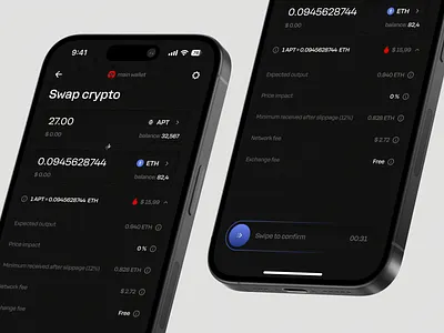 Crypto swap mobile functionality app crypto finance fintech interface design mobile app design product design slide to confirm ui design ux design web3